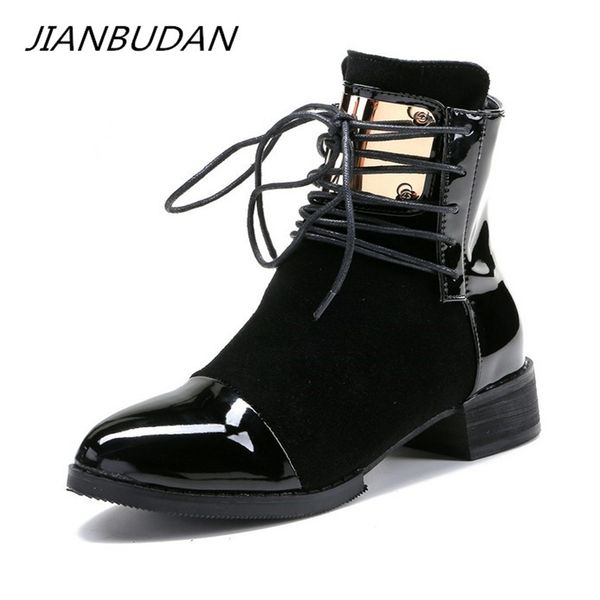 

jianbudan brand fashion pu leather women's motorcycle boots autumn leather lace-up ankle boots female winter snow boots 35-43 lj201030, Black