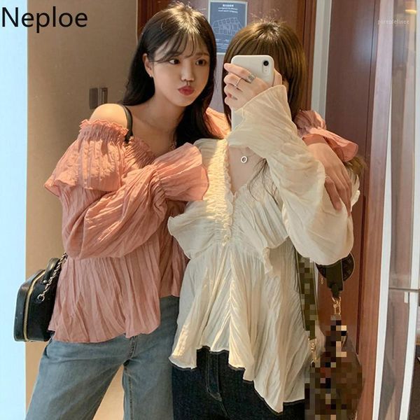 

neploe ruffles pleated blouse women 2020 spring sweet v neck flare sleeve ladies shirts korean chic casual female 499191, White