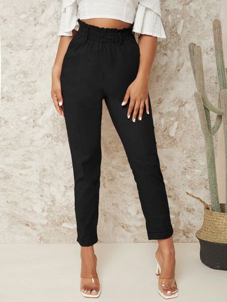 

paperbag waist solid pants s8pq#, Black;white