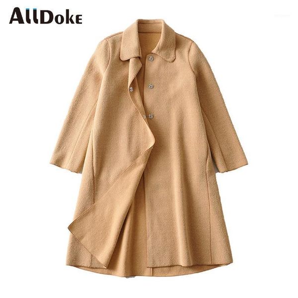 

alldoke 2020 winter long coat women turn-down collar long sleeve a-line warm woolen coats khaki casual jacket woman veste femme1, Black
