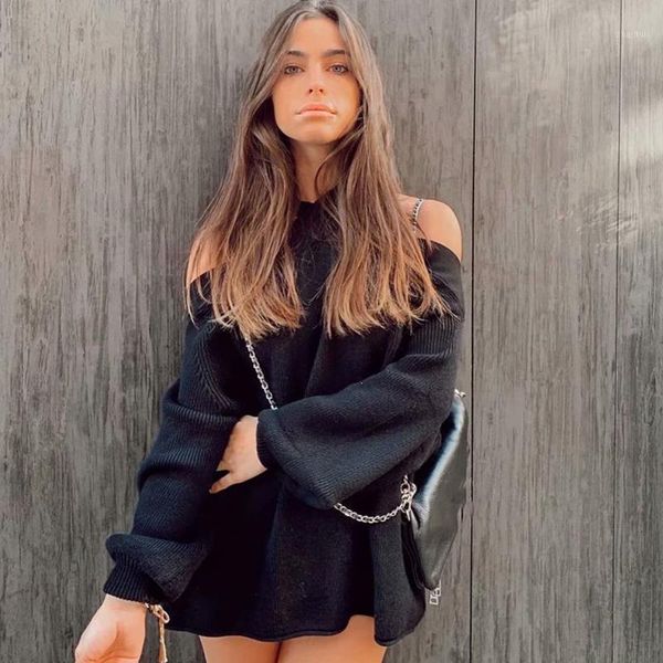 

autumn winter women's knitted sweater cross off shoulder sweater pullovers chic lady slim casual female pullover1, White;black