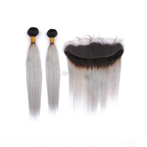 

ombre color pink straight lace closure with extensions 10-30 inch double wefted two tone 1b grey color hair 2bundles with frontal, Black;brown