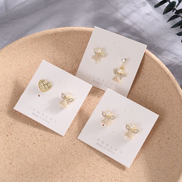 

2021 wholesale personalized creative angel earrings girl new fashion spring summer micro inlaid pearl s925 pin 14k 18k gold woman earrings, Golden;silver