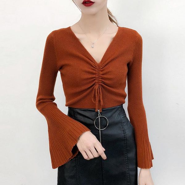 

flare sleeve sweater women fashionable drawstring knitted split autumn winter sweaters pullovers female tricot jumper femme, White;black