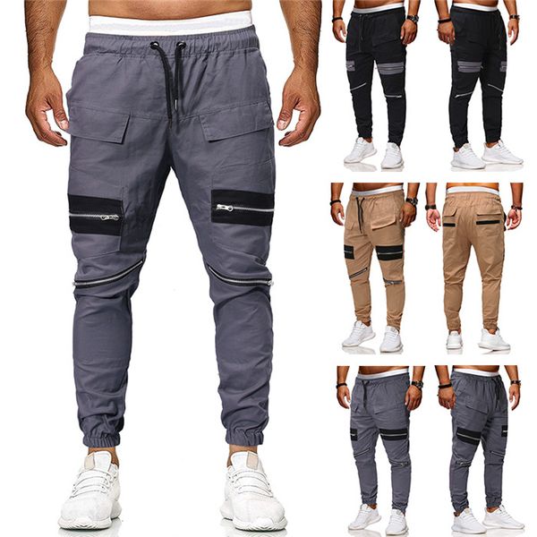 

zipper patchwork casual pants mens designer drawstring pencil pants fashion spring autumn fall plus size men sports trousers, Black
