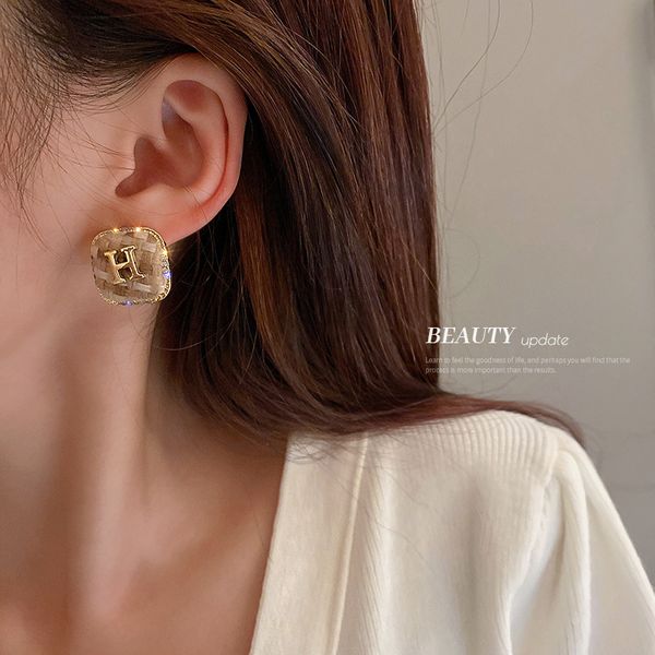 

925 silver stud rhinestone-encrusted letter h square earrings korean niche design earrings autumn and winter new fabric craft earrings for w, Golden;silver