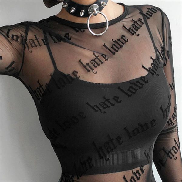 

2020 summer women letter print mesh t shirts fashion see through perspective long sleeve black tee shirt club blusas, White