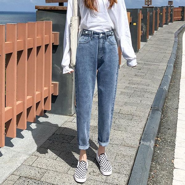 

women's jeans high waist women adjusted button 2021 harem pants straight loose autumn slim denim pencil trousers femme mujer, Blue