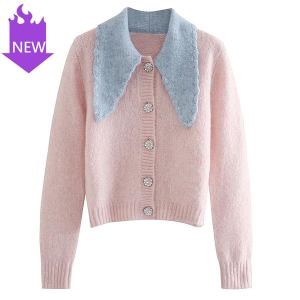 

sweater women elegant jewelry buttons sweaters female ladies turn down collar sweaters women fashion sweet patchwork, White