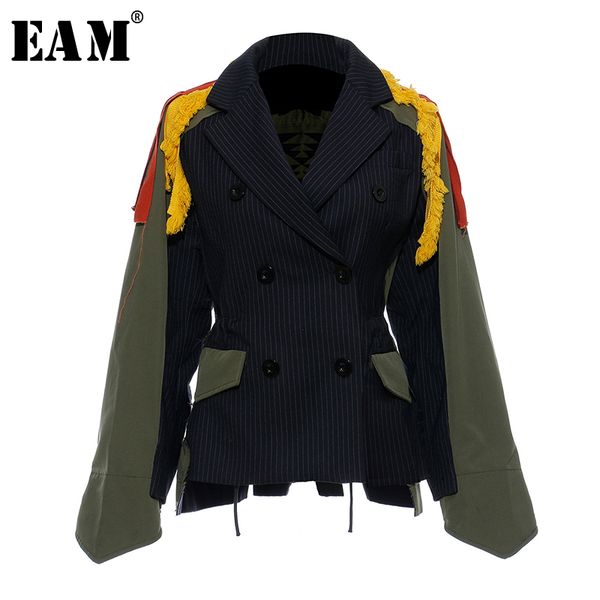 

[eam]big size striped contrast color pattern print jacket new lapel ribbon loose fit women coat fashion spring autumn jz521 201112, Black;brown