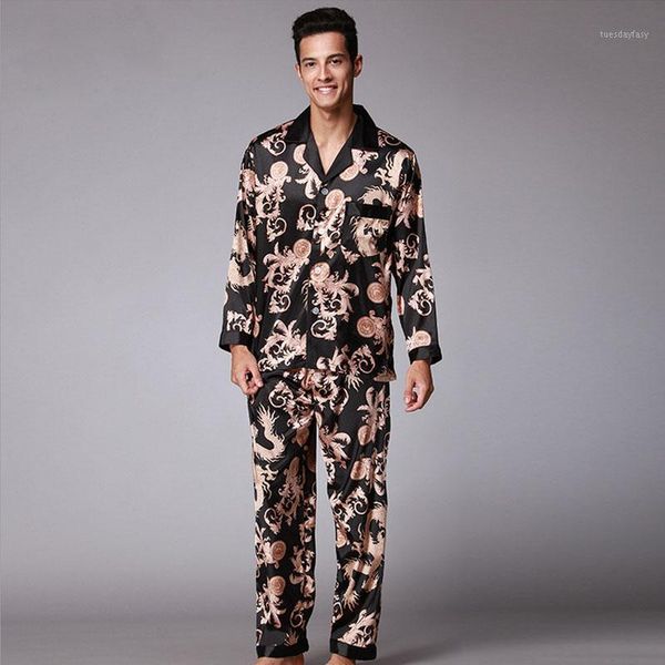 

men's sleepwear 2021 luxury mens pajama sets faxu silk suit home sleep clothing long pants 2 pcs1, Black;brown