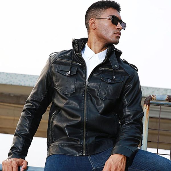 

new arrivals winter jackets men's leather jackets fashion motorcycle hooded leather warm fleece jacket coat1, Black