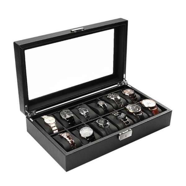 

black high-grade 12 slot luxury carbon fiber display design jewelry display watch box storage holder large glass window, Black;blue