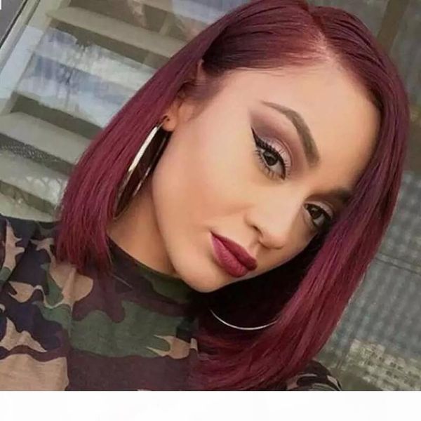 

short bob type 99j burgundy human full lace wigs silky straight human hair wig hair red wind 99j lace front human hair wigs, Black;brown