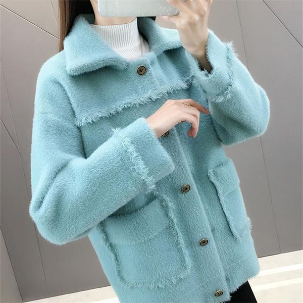 

short imitation mink wool sweater women 2021 autumn winter fashion new loose long-sleeved cardigan trendy 272, White