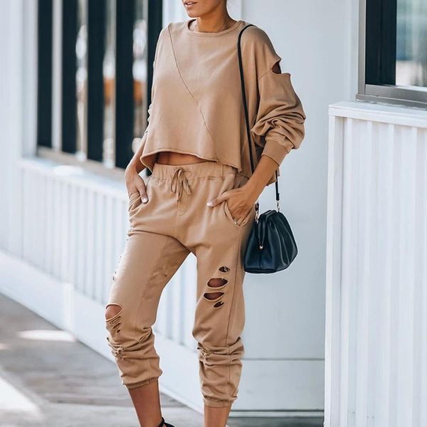 

women's tracksuits autumn women 2 pieces set oversized hole sweatshirt solid tracksuit long sweatpants casual female suit streetwear, Gray