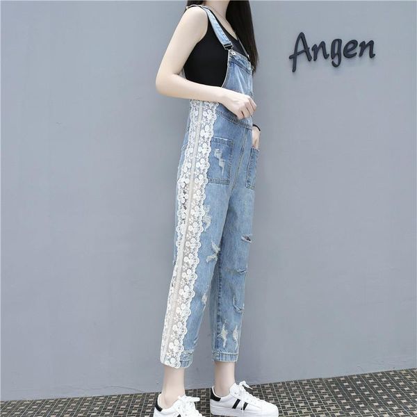 

women's jeans fashion summer heavy industry beaded lace stitching hollow hole nine-point denim overalls, Blue