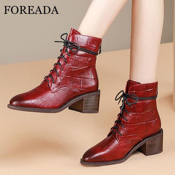 

foreada ботильоны натуральной кожи высокой пятки женщина сапоги zip блок каблук короткие lace up женская обувь осень зима красный размер 42, Black