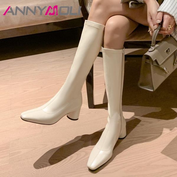 

boots annymoli long women shoes square toe chunky heels knee high zipper mid heel ladies autumn winter black white