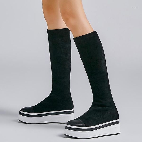 

women's genuine leather pachwork slip-on knee high boots platform flats winter long boots leisure comfortable black slim shoes1