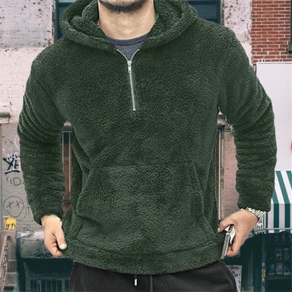 

designer men hoodie fur sweatshirts autumn winter men hooded streetwear clothes casual warm plush sweatshirts half zipper with pocket, Black