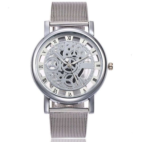 

imitation roman 2019 new hollow gear mechanical watch men's leisure quartz mesh band watch m7xx, Slivery;brown