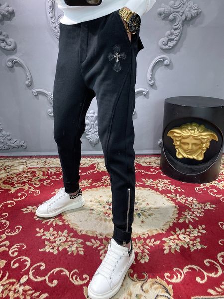 

crosin embroidery cross casual pants men's autumn and winter fashion brand personalized zipper slim sweatpants, Black