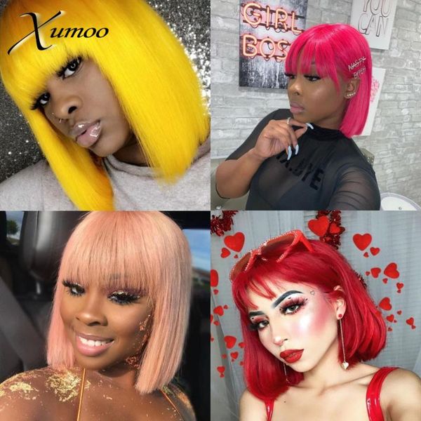 

xumoo remy hair short bob full machine made wigs with bangs colored human hair wigs red rose pink straight bob for women, Black;brown