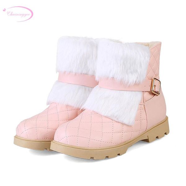 

chainingyee sweet style round toe ankle boots buckle decoration platform black white pink thick middle heel women's snow boots