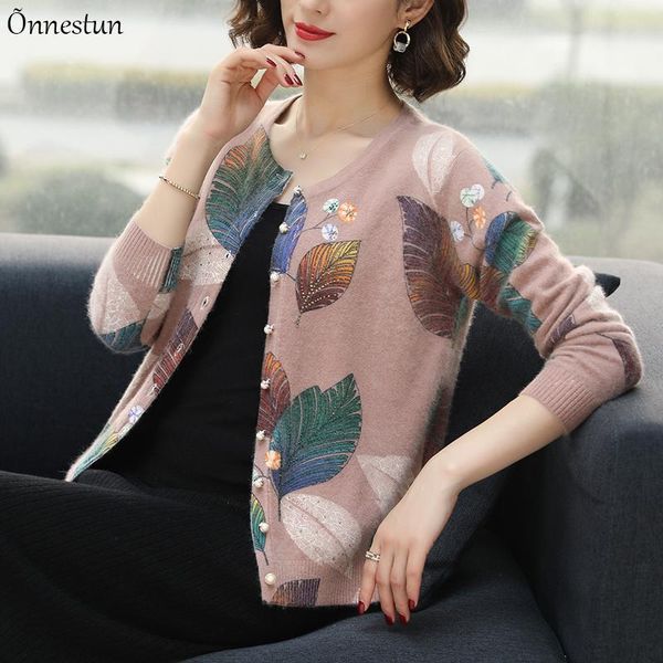 

plus size sweater women new autumn casual leaf print sweater cardigan o neck knitwear single-breasted cardigans, White