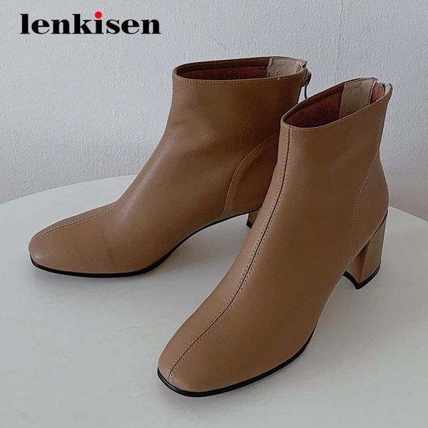 

boots lenkisen work split leather classic colors brand thick high heel round toe zipper office lady dress mature ankle l97, Black