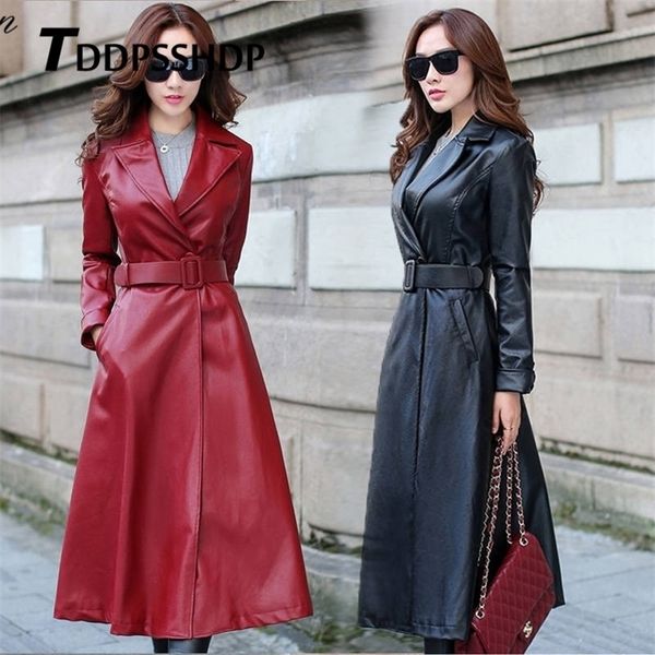 

black and red color long spring thick women leather coat long sleeve waist strap pocket female jacket lj201126