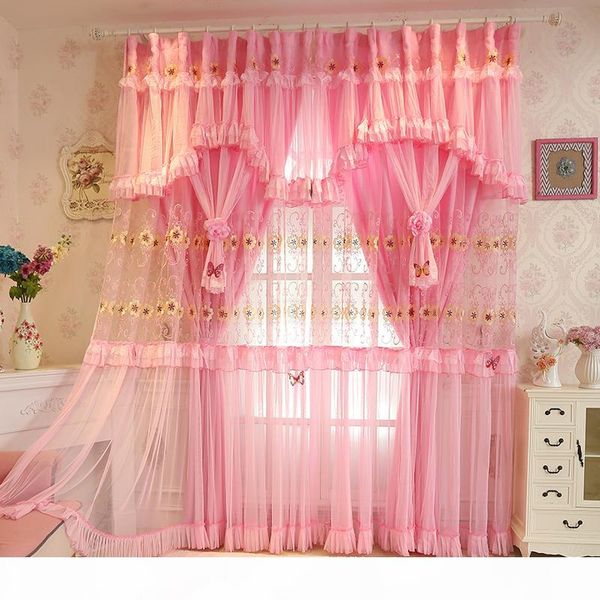 

customize wedding curtains pink lace flowers embroidered double layer tulle curtains princess bedroom living room decoration