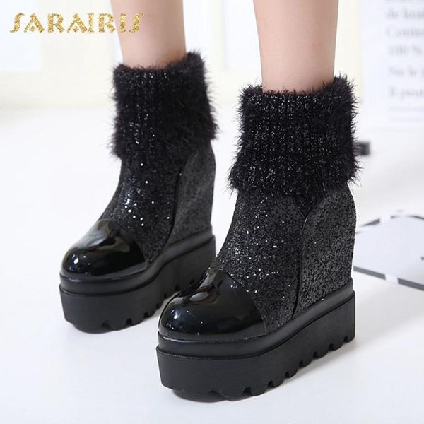 

brand new 2020 leisure platform height increasing heels winter knitting fur sock boots female shoes women1, Black