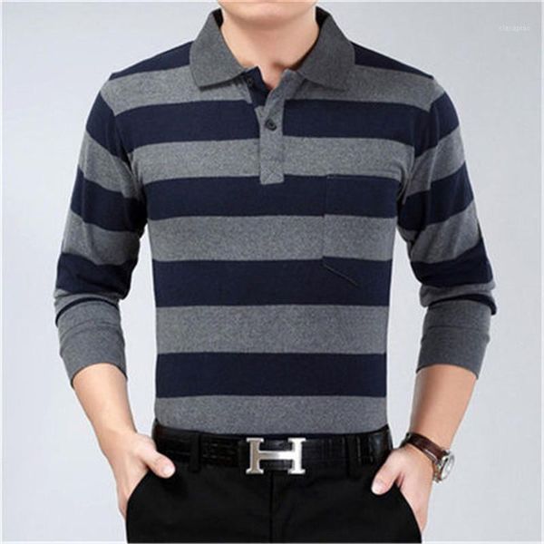 

men's polos cotton long sleeve mens shirt striped real pocket 2021 spring autumn male dress classic business father gift drop ship1, White;black
