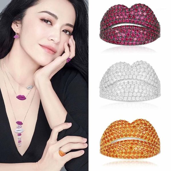 

s925 sterling silver red lips ring full pave red white orange zirconia big mouth silver ring for women luxury jewelry1, Golden;silver