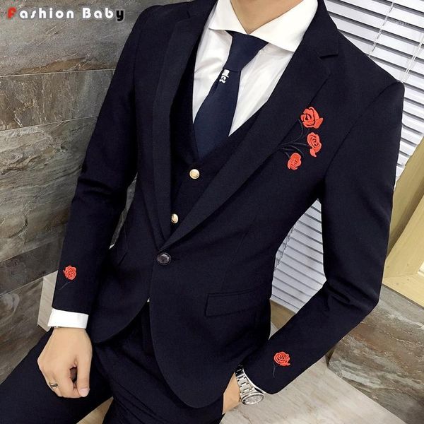 

men's suits & blazers wholesale- men's embroidery floral dress casual blazer slim fit 2021 fashion rosy party wedding tuxedo suit, White;black