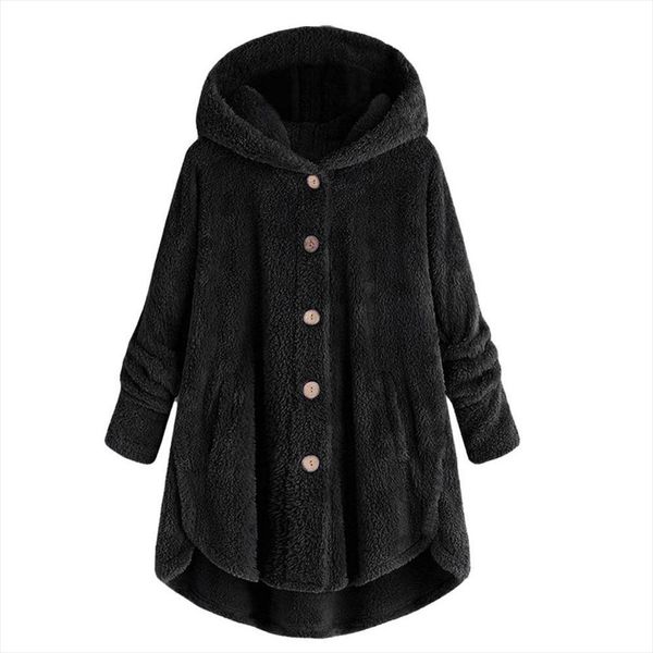 

women plus size hoodies button plush hooded sweatshirts loose wool coat winter jacket female long sleeve casual sweatshirt, Black