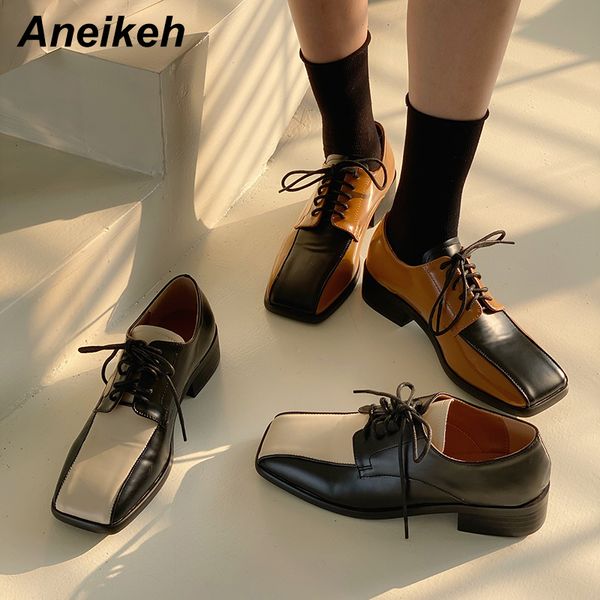 

aneikeh spring/autum fashion oxfords flats patent leather patchwork casual solid square toe cross-tied mixed colors casual shoes c0129, Black