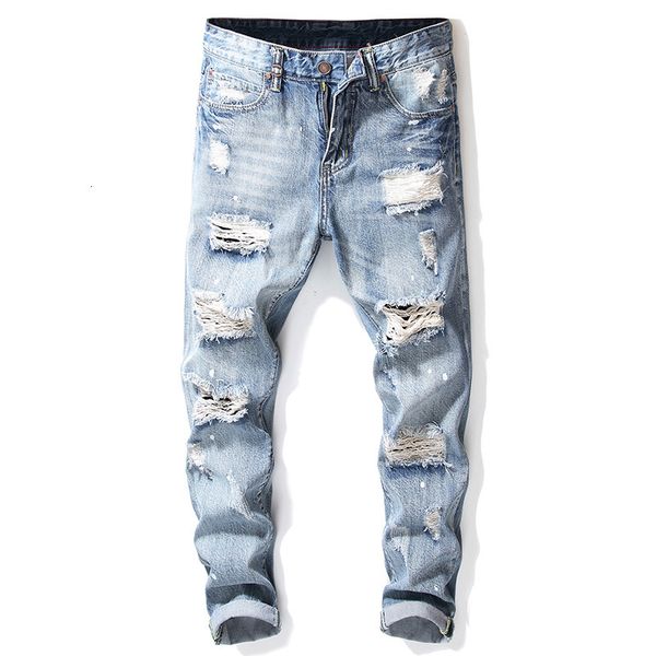 

men's baggy pants with holes in the knee, Blue