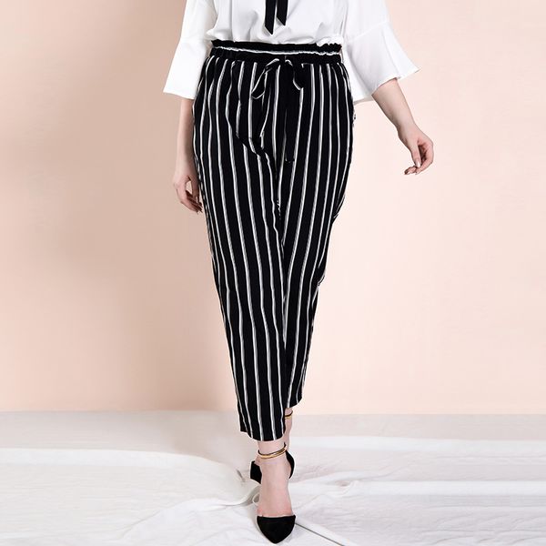 

large size new casual striped pants cropped strap fashion fat mm skinny pants large size womens pants, Black;white