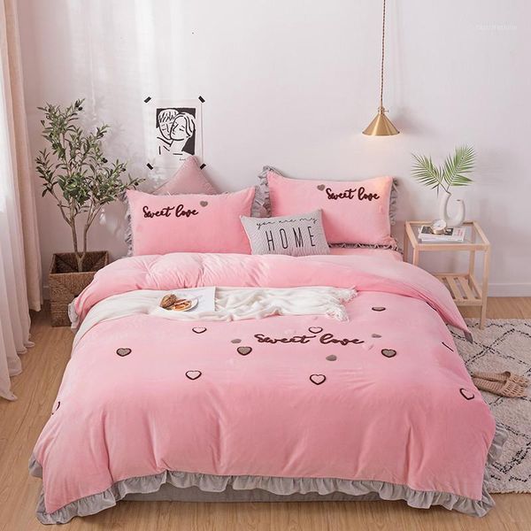 

crystal velvet modern style bed set duvet cover bed sheet pillowcases solid pink ginger grey sweet heart strawberry design1