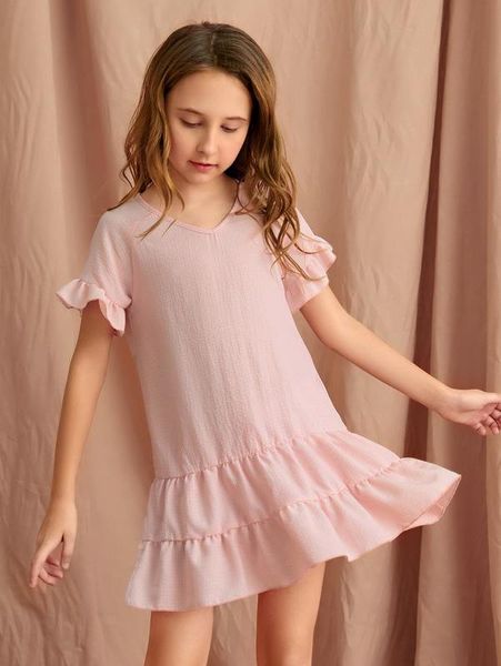 

girls raglan sleeve ruffle hem smock dress she, Red;yellow