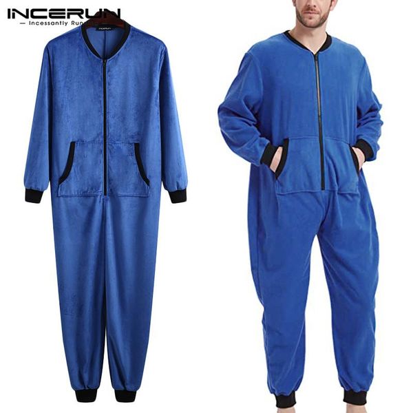 

fashion zipper homewear mono pants pockets overalls incerun leisure solid color jumpsuits men long sleeve round neck rompers 5xl, Black