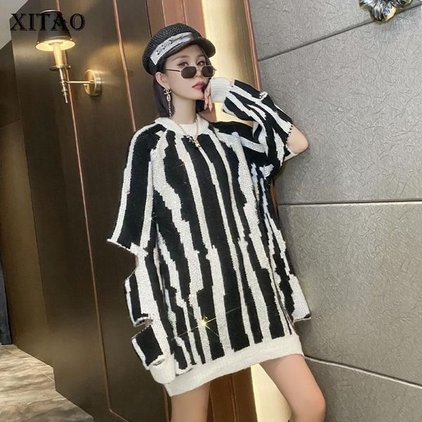

xitao women fashion sweater knitted striped full sleeve hollow out pullover small fresh casual style 2020 loose sweater dzl22381, White;black