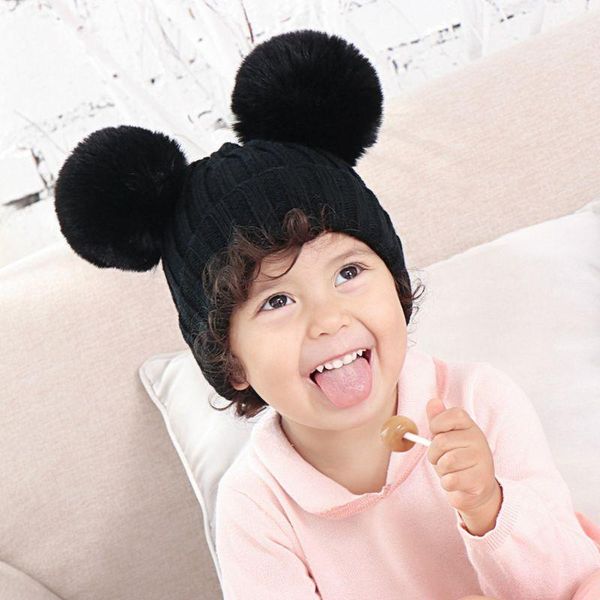 

toddler baby kids chunky crochet knit hat winter cuffed cute pompom beanie cap1, Blue;gray