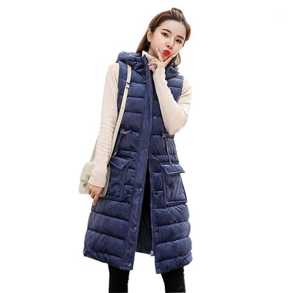 

2020 autumn winter women velvet long vest female cotton padded thick waistcoat lady sleeveless parkas jacket with hooded f7531, Black;white