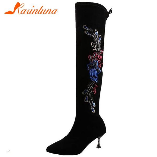 

karin brand new female embroider slim boots pointed toe thin high heels lace up women boots over the knee women shoes, Black