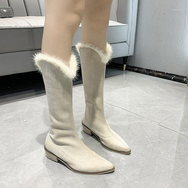 

suede knee high boots heels women shoes fur western boots women shoes winter cowboy black beige botines mujer 20201