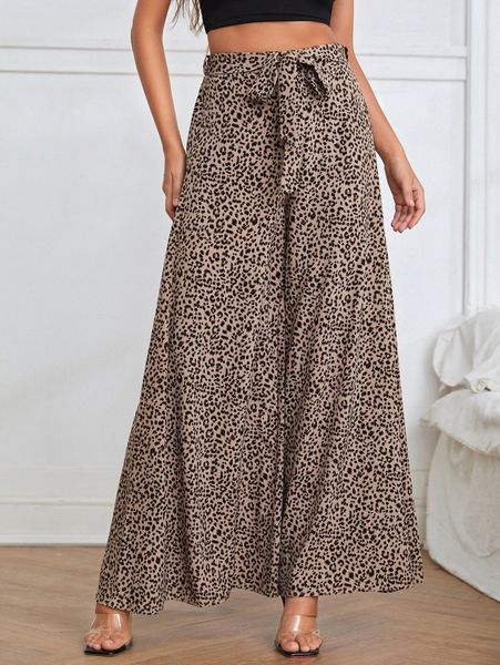 

leopard print belted wide leg pants l8jc#, Black;white